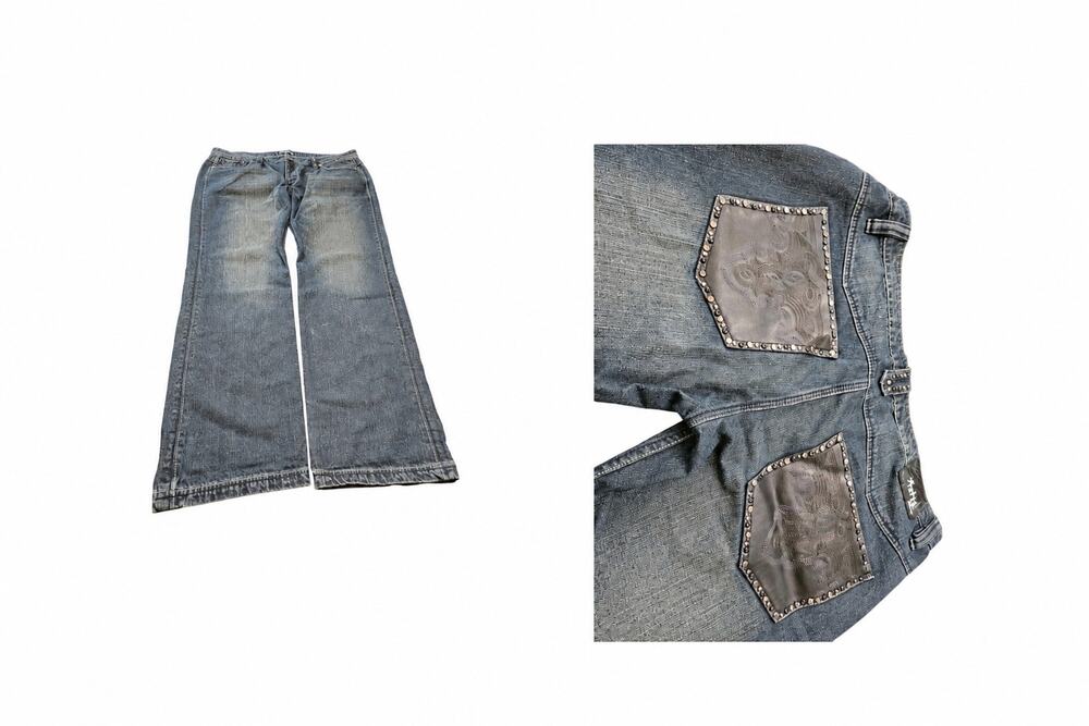 Antik Denim MSK21633 Mens 42 Blue Bootcut Flare Jeans Studded Leather Pocket Y2K